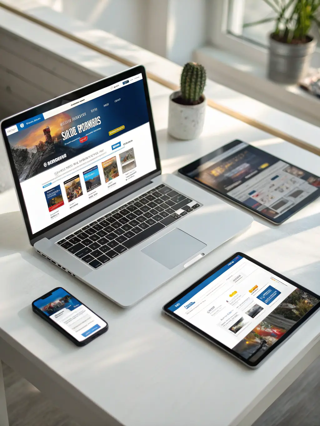 A clean, modern website design showcasing a responsive layout on various devices, emphasizing user-friendly navigation and a visually appealing interface for a fictional e-commerce store.