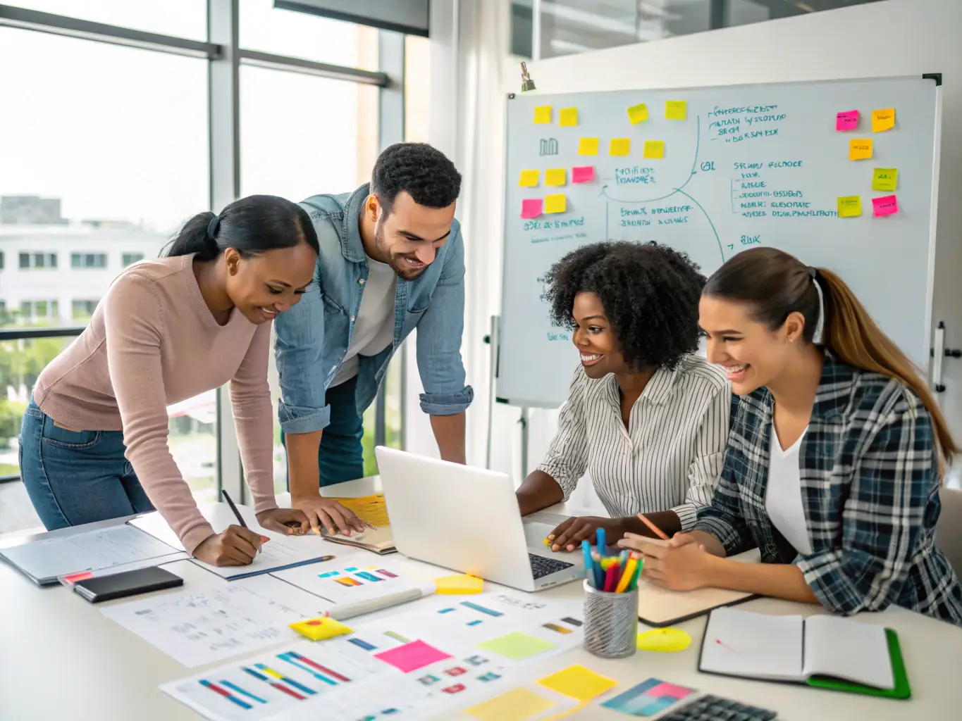 A diverse team of designers and developers collaborating on a website project in a modern, blue-themed office environment, reflecting Top Tier Online's collaborative approach.
