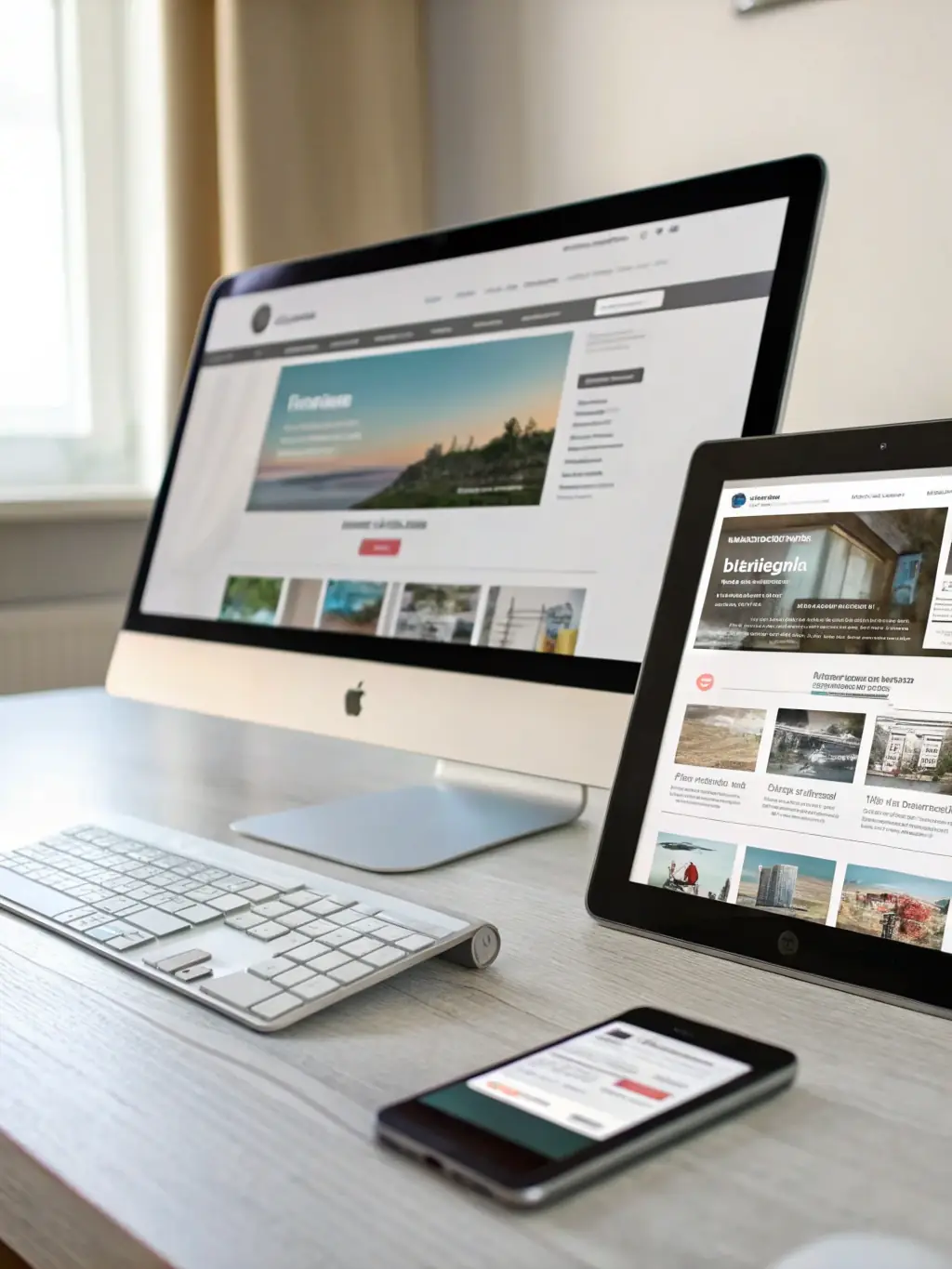 A website displayed on various devices (desktop, tablet, smartphone) simultaneously, showcasing its responsive design and adaptability to different screen sizes, emphasizing the importance of responsive design.